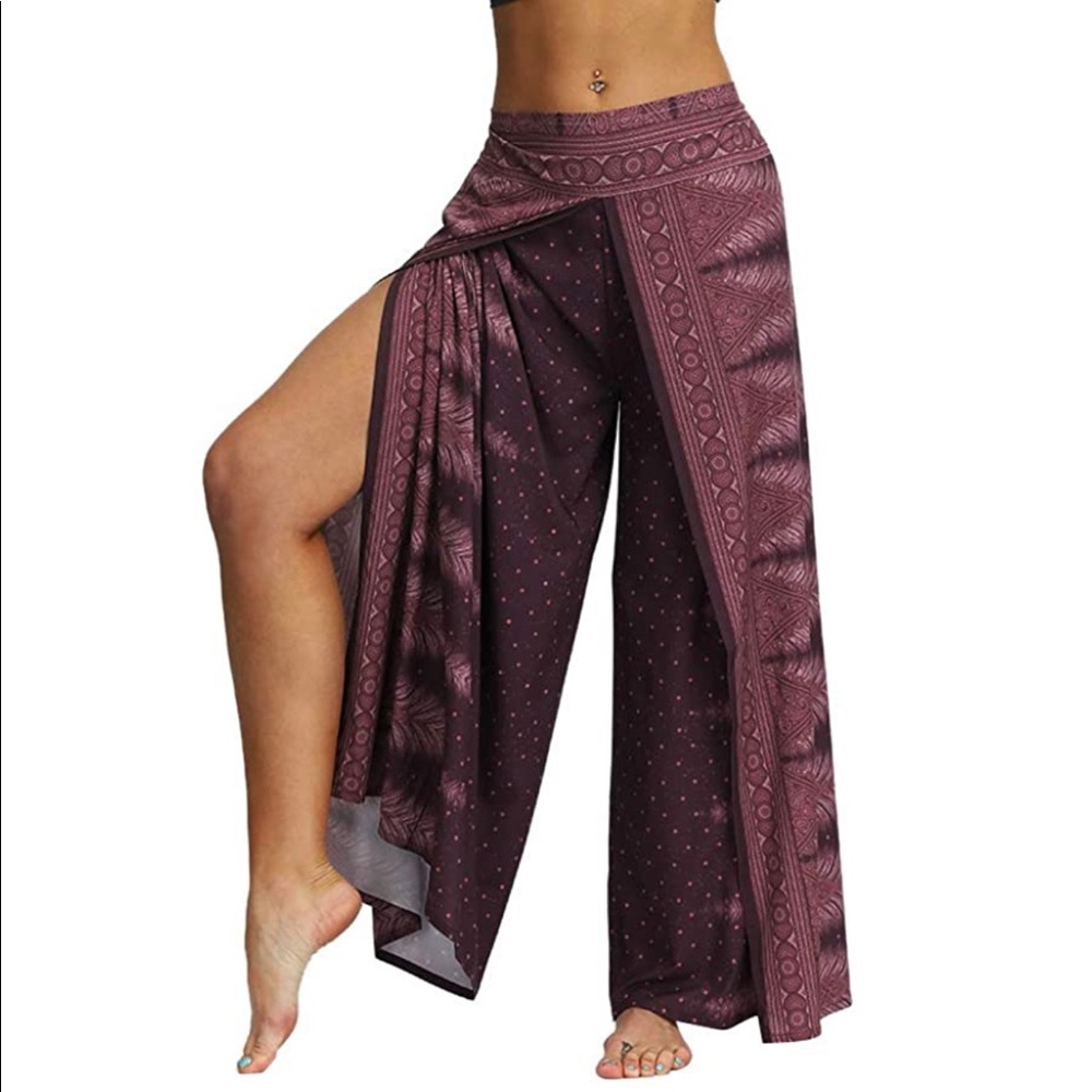 Womens Slit Wide Leg Boho Palazzo Bohemian Yoga Pants Small / Medium  Wine